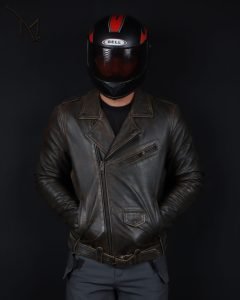 leather jacket and helmet